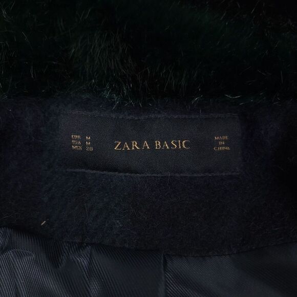 ZARA Wool Cape Zip Coat Fur Hood Navy Blue Green Tartan Plaid Lagenlook Medium - Picture 2 of 8